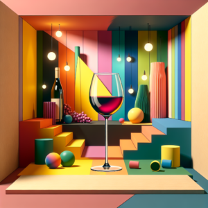 Rainbow colored shapes frame a wine glass with red wine